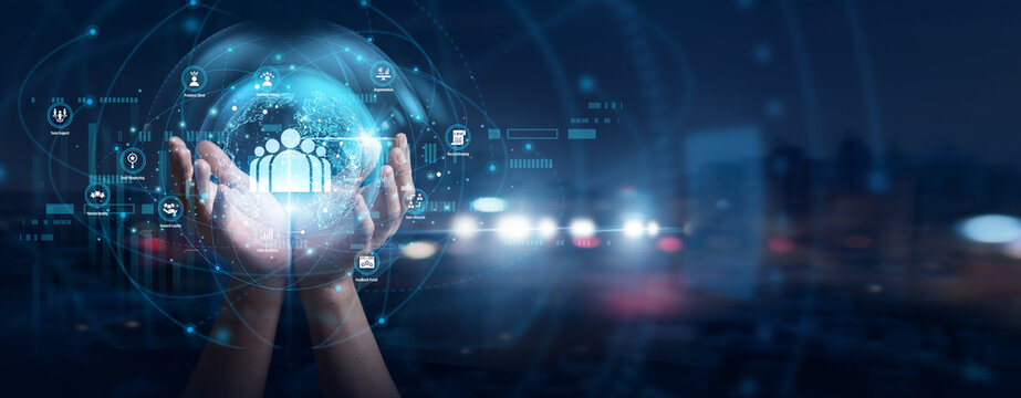 Account manager hands hold global sales pipelines. CRM network manages customer relationship marketing data, prospective user leads, client retention tools, and business interaction history.