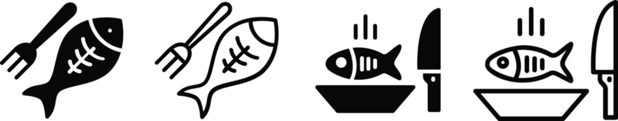 Fototapeta premium Fish food and seafood restaurant flat icon set with culinary silhouettes.