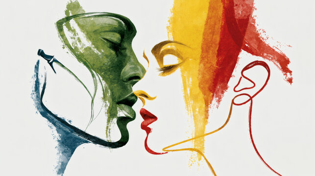 Intimate Continuous Line Art of Two Faces Kissing with Colorful Abstract Splashes