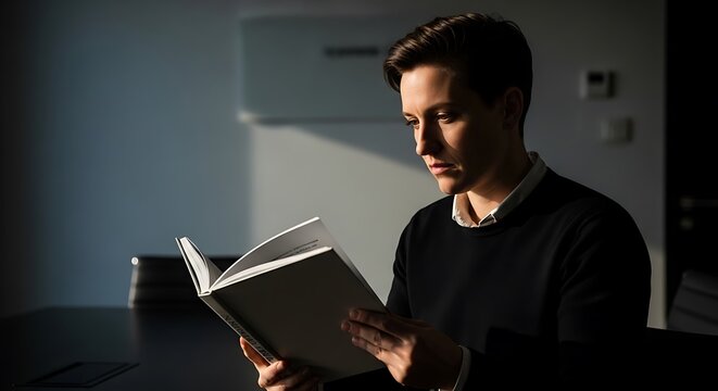 Man reading book in dim light.