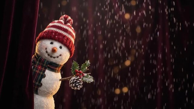 Cute Snowman Character in Knit Hat Peeking Behind Dark Red Curtain with Falling Snow.