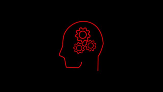 Cognition white line icon animation. Cognition line icon featuring a head with a clock and gear inside, suitable for technology or time management concepts.