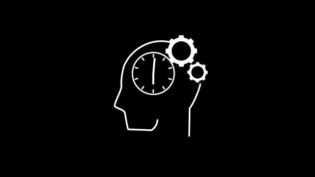 Cognition line icon animation. Cognition line icon featuring a head with a clock and gear inside, suitable for technology or time management concepts.