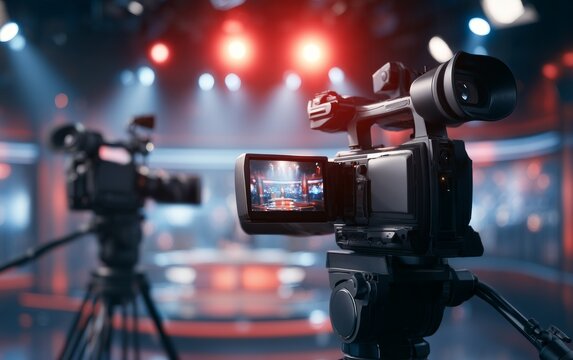 Professional video cameras on tripods ready for filming in a brightly lit studio