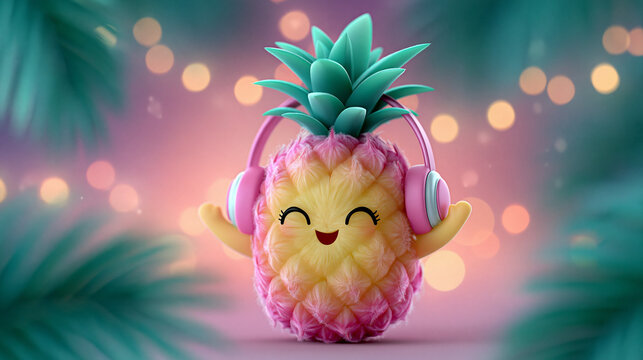 Cute cartoon pineapple character wearing headphones and smiling  
