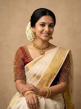 Portrait of a beautiful south indian woman in traditional kerala saree