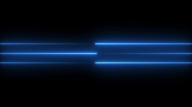 Abstract neon blue light lines glowing on black background Three Horizontal Neon Blue Light Streaks on Black. Three horizontal bright purple neon light lines on a black background 