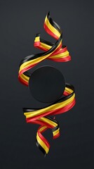 Dynamic Germany National Flag Ribbons Swirling Around Circular Copy Space Over Dark Textured Setting for German Unity Day Celebration and Official Patriotic Events Graphic Presentation