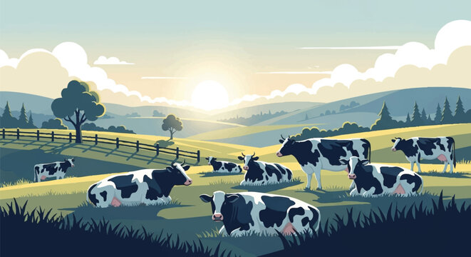 Holstein cows resting in a rolling green pasture at sunrise