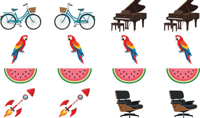 Detailed Vector Illustration Set Featuring Retro Bicycles with Baskets, Grand Pianos, Tropical Macaw Parrots, Fresh Watermelon Slices, Space Rockets, and Mid Century Lounge Chairs © Galib
