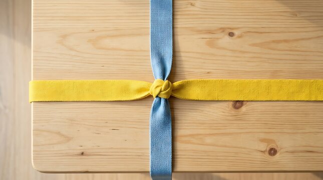 Wooden Gift Box Wrapped with Blue and Yellow Ribbon Tied in a Knot Top View Symbolizing Support for Ukraine National Colors or Swedish Heritage Celebration Present Package Delivery Service