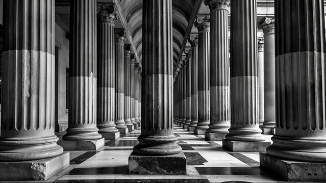 Row of classical columns in black and white