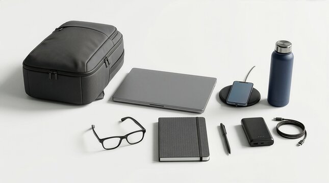Minimalist flat lay of modern travel and business essentials including laptop, backpack, notebook, and tech accessories on a white surface
