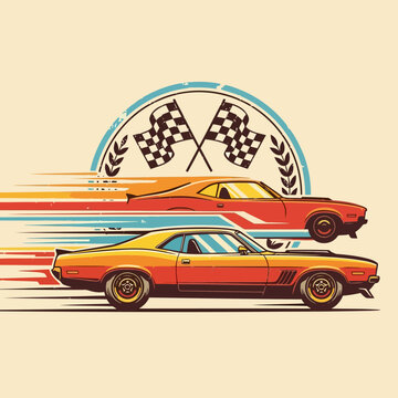 Generative AI vintage muscle car motorsport poster design featuring retro racing cars with speed lines and checkered flag badge badge in grunge style.