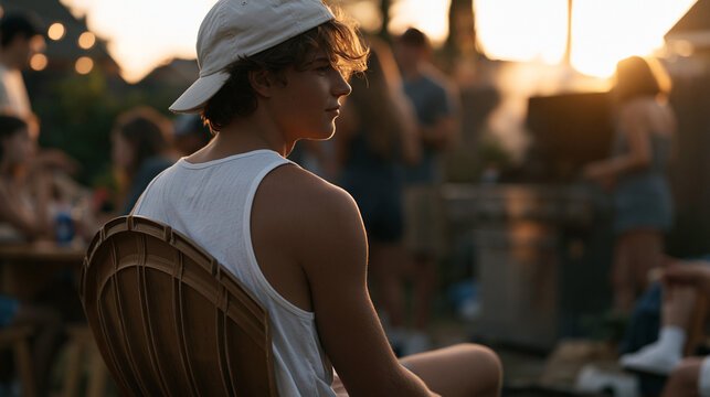 A man sitting alone at a Labor Day backyard gathering, everyone else animated around a grill, his chair slightly pulled back from the group, the loneliness of feeling unseen in a