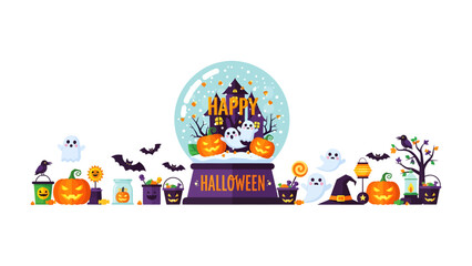 Naklejka premium Spooky Halloween Snow Globe Scene: A whimsical snow globe filled with a haunted house, smiling pumpkins, and playful ghosts sits at the center of a festive Halloween arrangement, complete with bats.