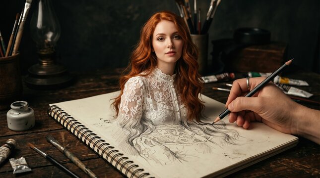 Artist draws a woman with long hair on a sketchbook while the woman looks at the viewer in a creative setting
