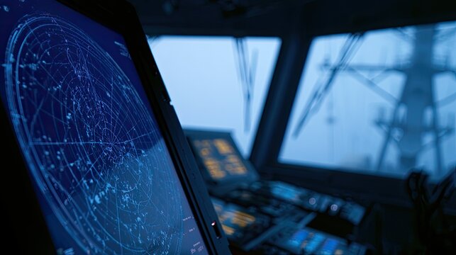 Ship's bridge displays glowing radar screen, consoles, and misty exterior
