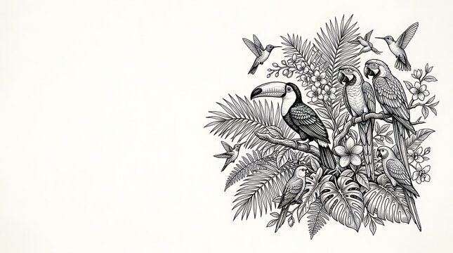 Tropical birds and jungle foliage in vintage engraving style