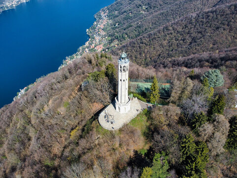 Aerial view of the Volta Lighthouse in Brunate, in a panoramic position above Lake Como.