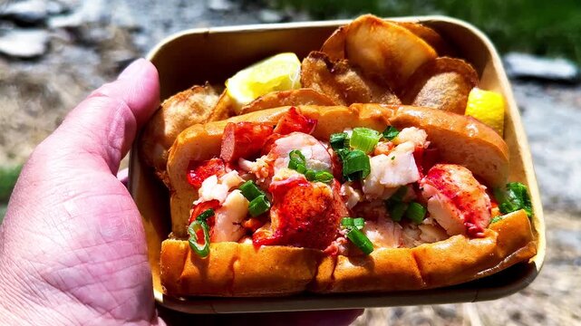 Close-up point of view of a hand holding a fresh lobster roll with potato chips. Delicious seafood meal being eaten outdoors near a beach