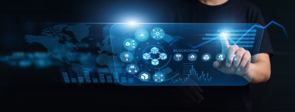 Cryptographer using modern interface for blockchain infrastructure networks. Developer tracking secure decentralized ledgers, verifying cryptocurrency tokens, and smart contract execution.