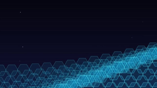 Blue digital hexagonal grid waving over dark blue background