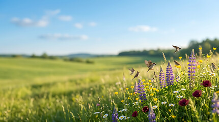 Obraz premium Songbirds flying above a field of purple lupines and wild flowers