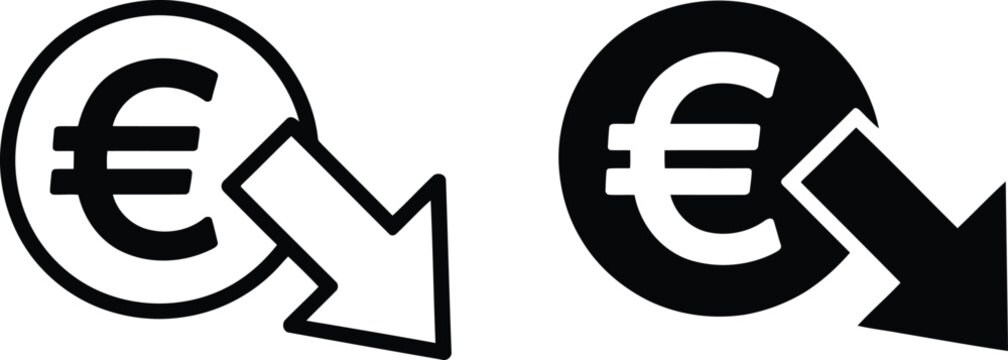 Two black and white showing a euro currency symbol inside a circle with a downward pointing arrow indicating loss