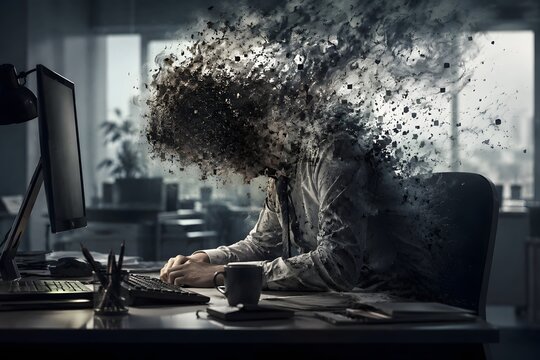 Corporate employee dissolving into digital pixels office job burnout concept