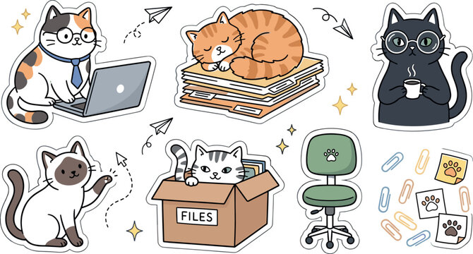 Office Cat Illustration Featuring Cartoon and Decorative Scenes in Vector Artwork