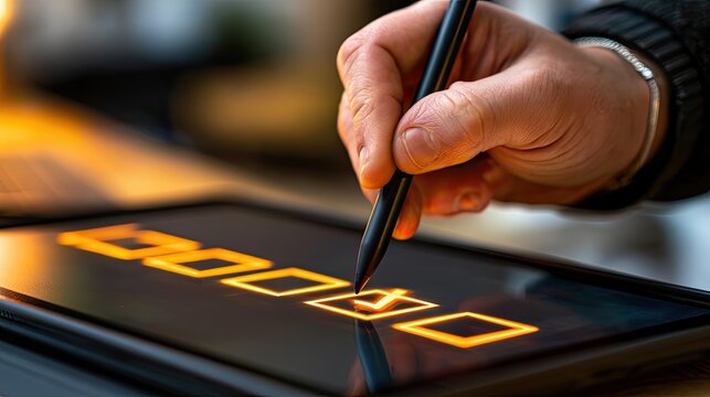Hand with stylus marking a checkbox on a digital screen