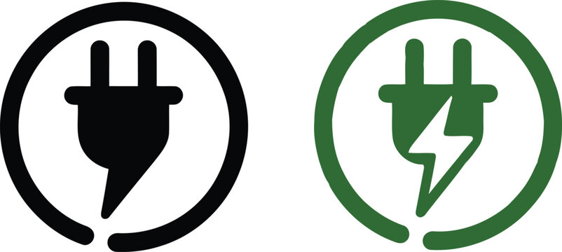 Two circular featuring electric plug silhouettes, one in black and one in green with a lightning bolt symbol