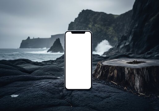 Smartphone on rocky beach with cliff and ocean in background