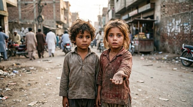 Children standing together in urban slum with rubble and graffiti background documentary style