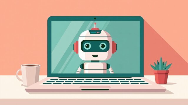 Cartoon robot on laptop screen with VR headset, remote work concept