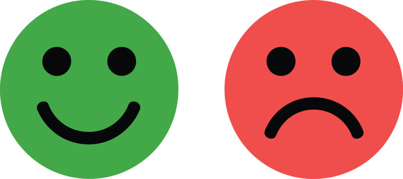 Two circular featuring a happy green smiling face and a sad red frowning face on a plain white background