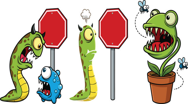 Cartoon Monster Characters with Blank Stop Signs and Venus Flytrap