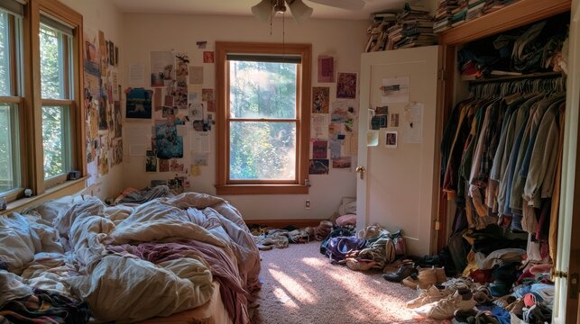 A sunlit, messy bedroom with clothes scattered and a cluttered closet