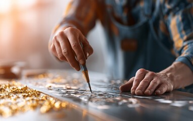 Obraz premium Skilled artisan working with precision tool on metal surface in workshop