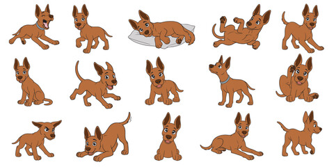 Playful brown puppy dog character set with funny facial expressions and various active vector cartoon poses for stickers © Meyto Elements