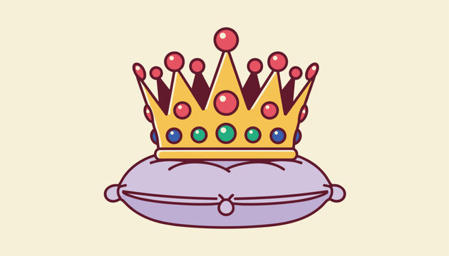 Majestic golden crown decorated with colorful red, green, and blue jewels sitting on a soft lavender velvet cushion.