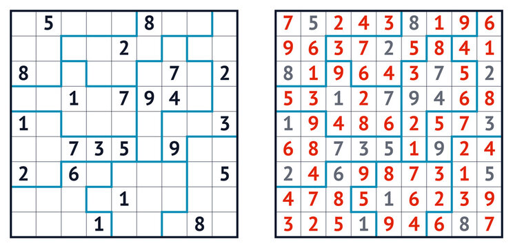 Sudoku puzzle grid with solution and outlines in blue and red  