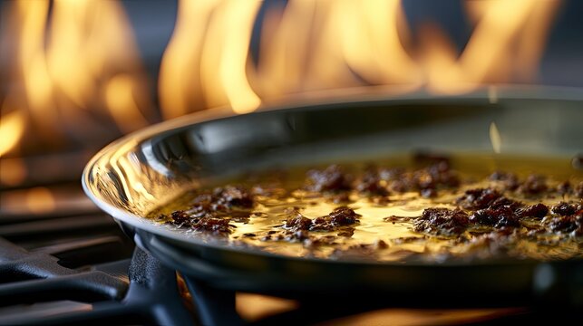 Sizzling meat and oil in a pan over bright, fiery flames