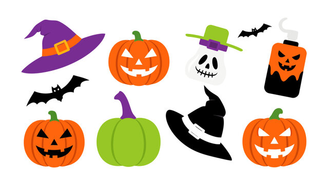 Halloween Symbols Collection: A whimsical assortment of classic Halloween icons, including jack-o'-lanterns, witch hats, and bats, perfect for festive decorations and designs