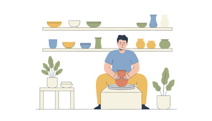 Fototapeta premium Male ceramic artist sits at a pottery wheel carefully shaping a clay vase in a cozy, decorated studio workspace.