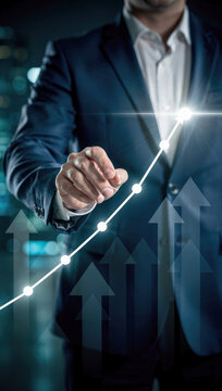Businessman touching upward trending graph on digital interface showing business growth and success