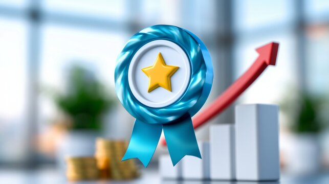 Award Ribbon with Star, Growing Bar Graph, and Red Arrow for Success