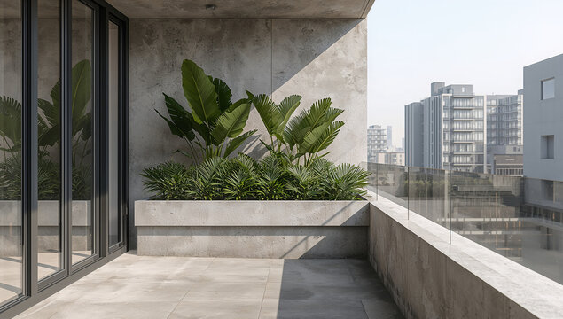 Modern minimalist architectural balcony design with a gray concrete planter box containing large tropical green leaves and city buildings in the background high rise concrete architecture tropical