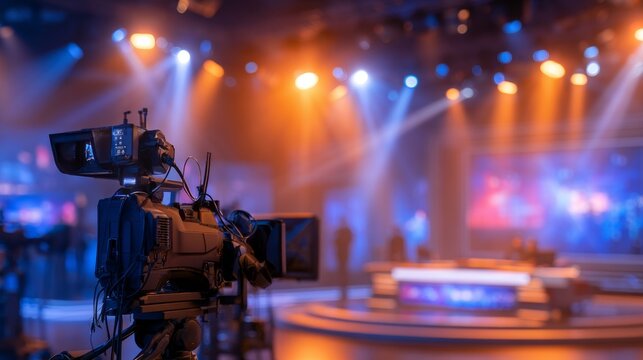 Professional television studio with camera and stage lighting setup